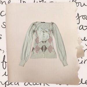 silk bow accent pink & cream argyle top with pearl buttons